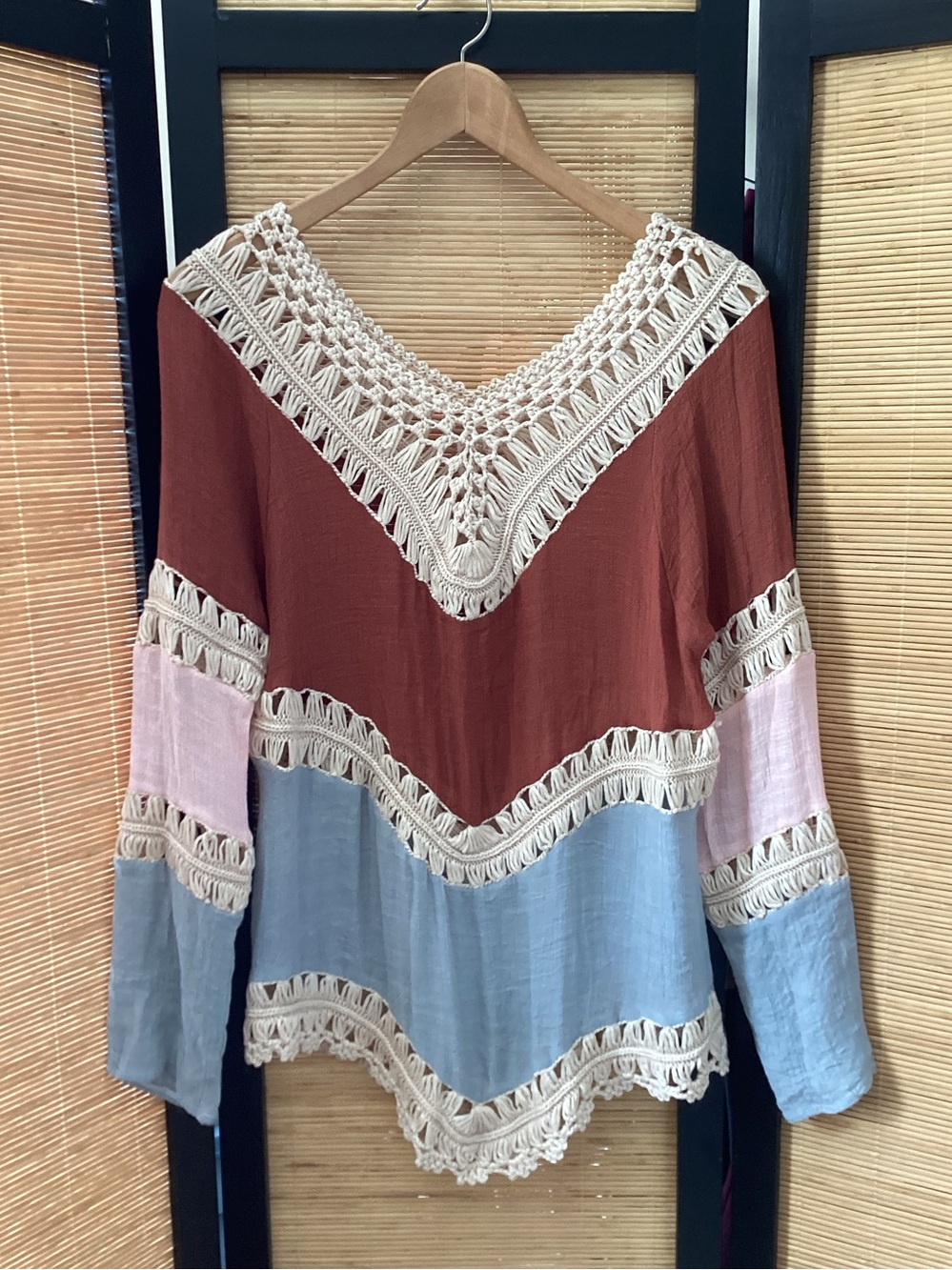 NWOT Boho crochet tunic top Sz Medium gauze panels coastal festival summer fall - Picture 5 of 5